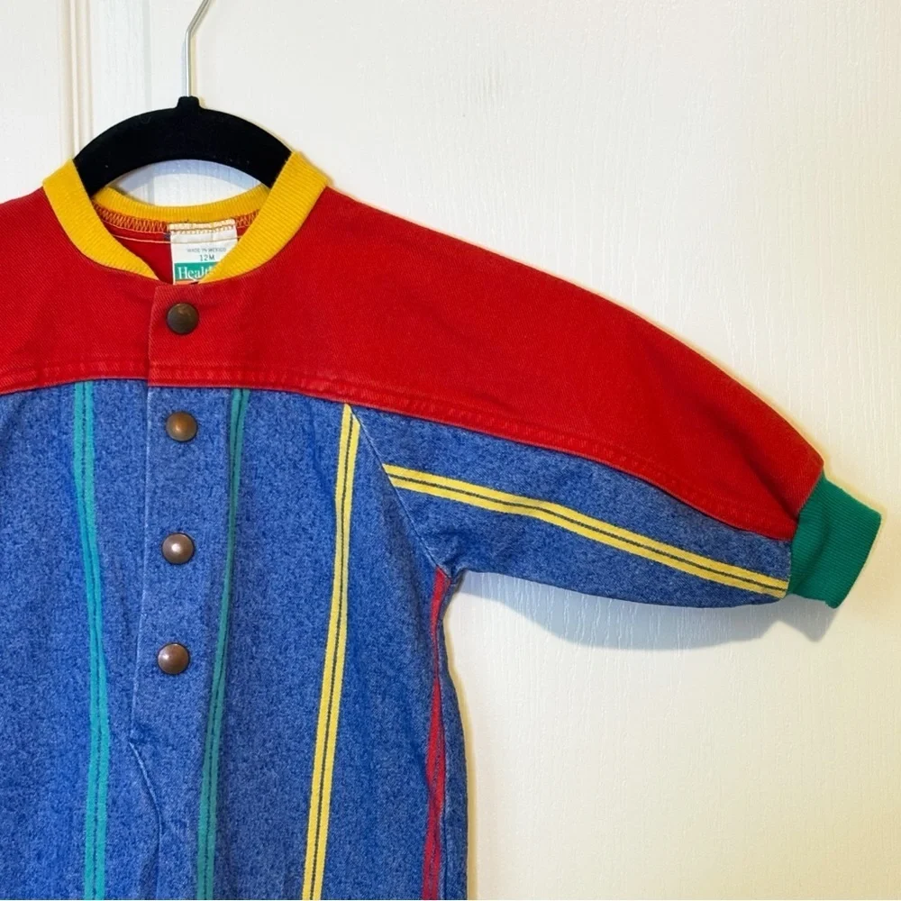 Healthtex Vintage 90s Denim Romper Primary Colors Snap Front Unisex 12 Months